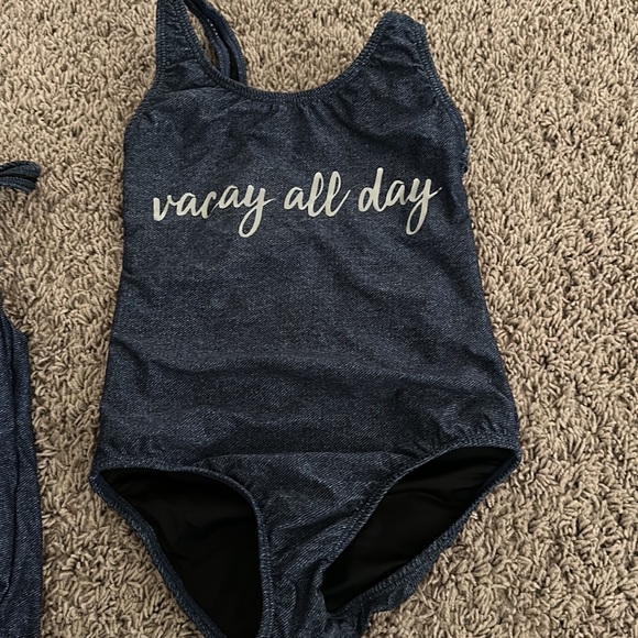 PQ swim VACA ALL DAY graphic denim blue one piece tank swim suit size 8 - Picture 1 of 3